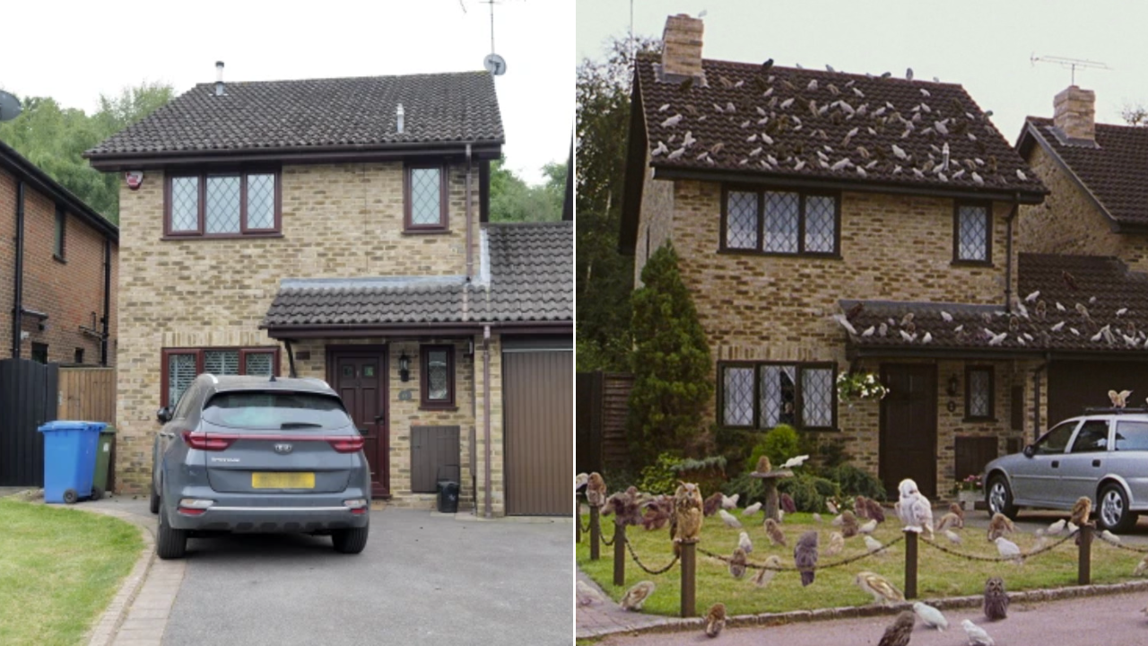 À esquerda, a casa dos Dursley na vida real; à direita, em cena de Harry Potter e a Pedra Filosofal (2001).