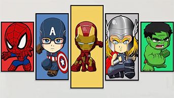 Kit 5 Quadros Vingadores Chibi