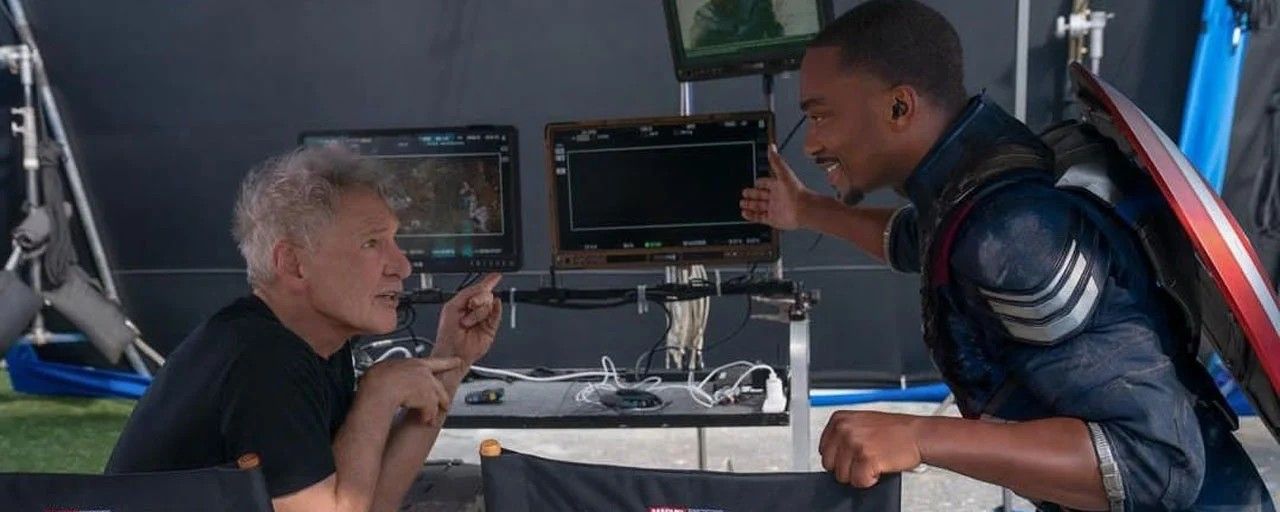 Harrison Ford e Anthony Mackie no set de filmagem de Capitão América
