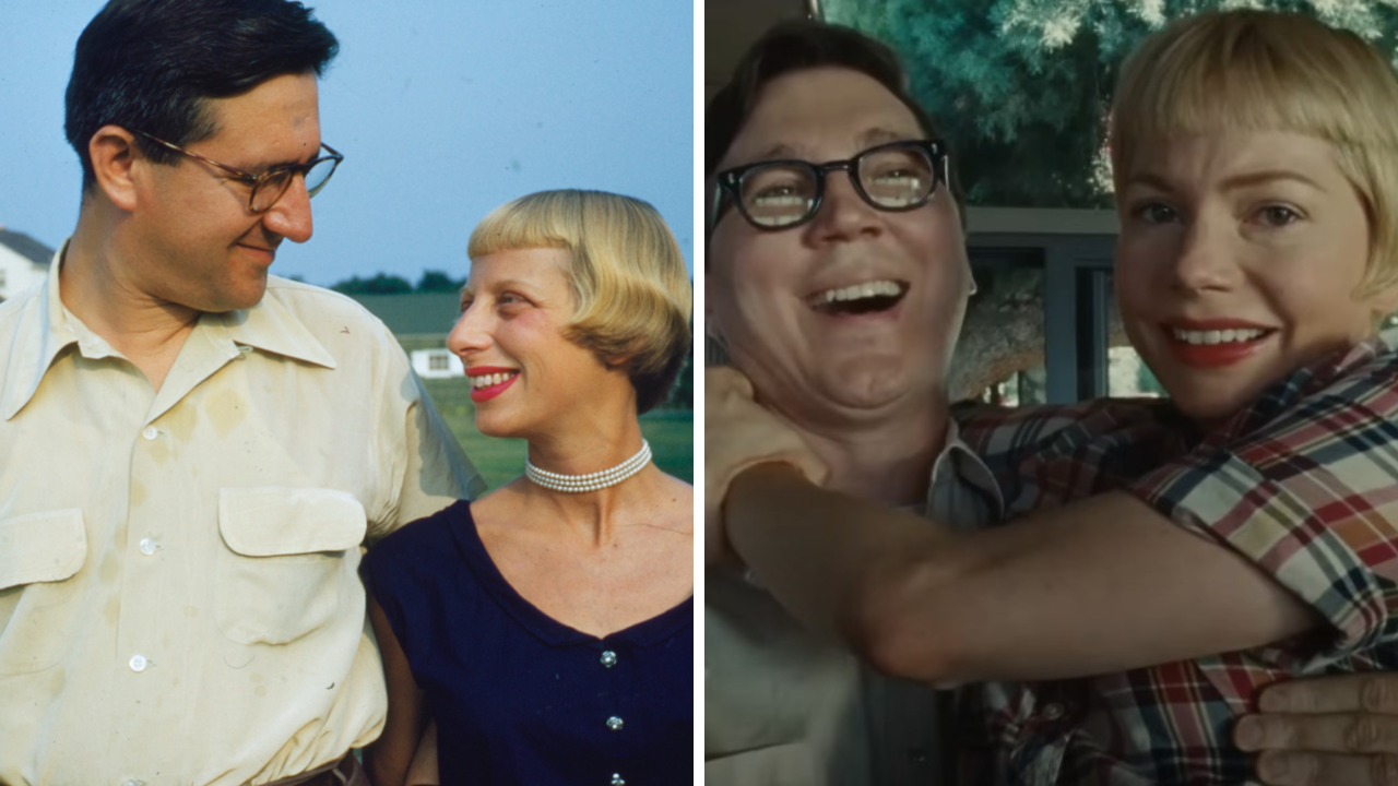 À esquerda, Arnold Spielberg e Leah Adler em 1951; à direita, Paul Dano e Michelle Williams em Os Fabelmans.
