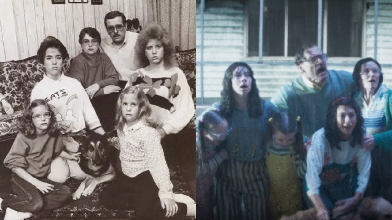 À esquerda, os Smurl na vida real; à direita, no filme