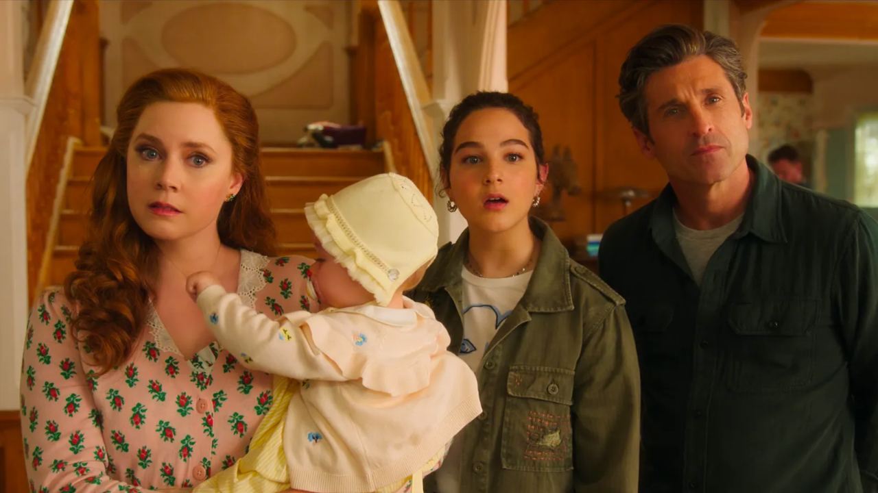 Giselle, a bebê Sofia, Morgan e Robert em Desencantada.